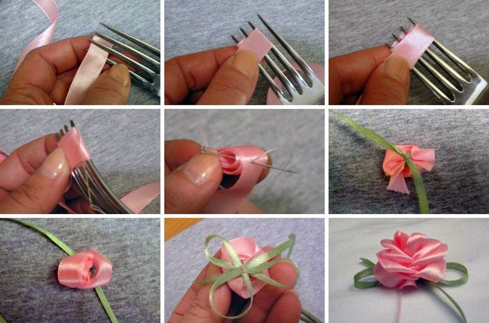 Простой и красивый способ сделать цветы из лент 5