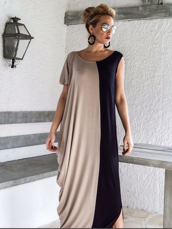 Black + Beige Maxi Dress / Black & Beige Kaftan / Asymmetric Plus Size Dress / Oversize Loose Dress / #35061 This elegant, sophisticated, loose and comfortable maxi dress, looks as stunning with a pair of heels as it does with flats. You can wear it for a special occasion or it can be your everyday comfortable dress. - Handmade item - Materials : viscose * Viscose is a very soft stretch fabric, thin, comfortable and it drapes beautifully. * Stretch cotton is a thicker option with a lit...