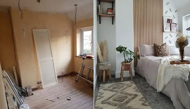 Изобретательная британка преобразила спальню, используя лишь рейки, клей и краску