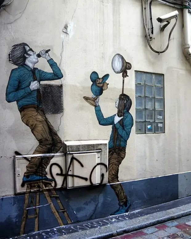 Уличное искусство художника Levalet, взаимодействующее с окружающей средой