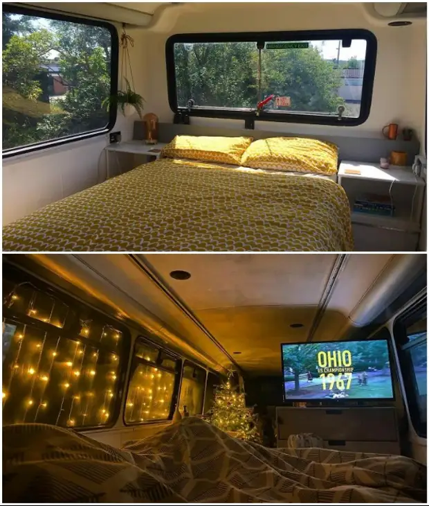 Спальная зона в доме-автобусе, созданном британскими влюбленными.
