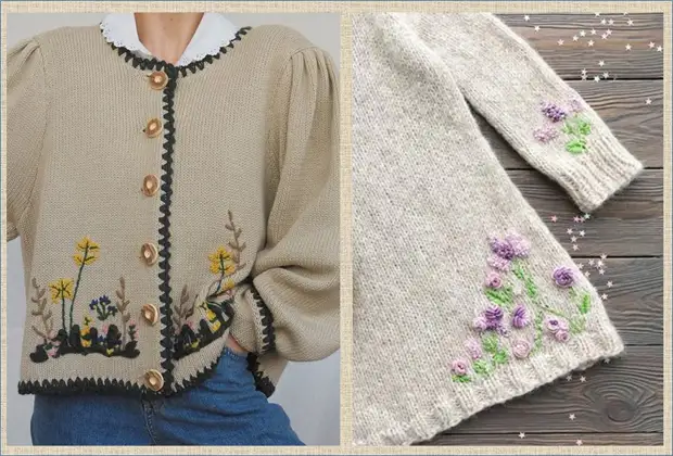 А давайте украсим свои кофточки и свитера весенними цветами - примеры и способы вышивки по вязанному полотну
