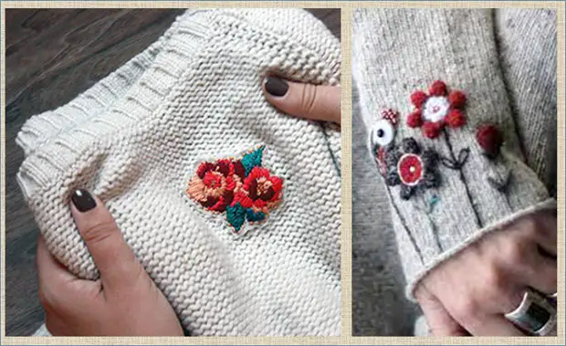 А давайте украсим свои кофточки и свитера весенними цветами - примеры и способы вышивки по вязанному полотну