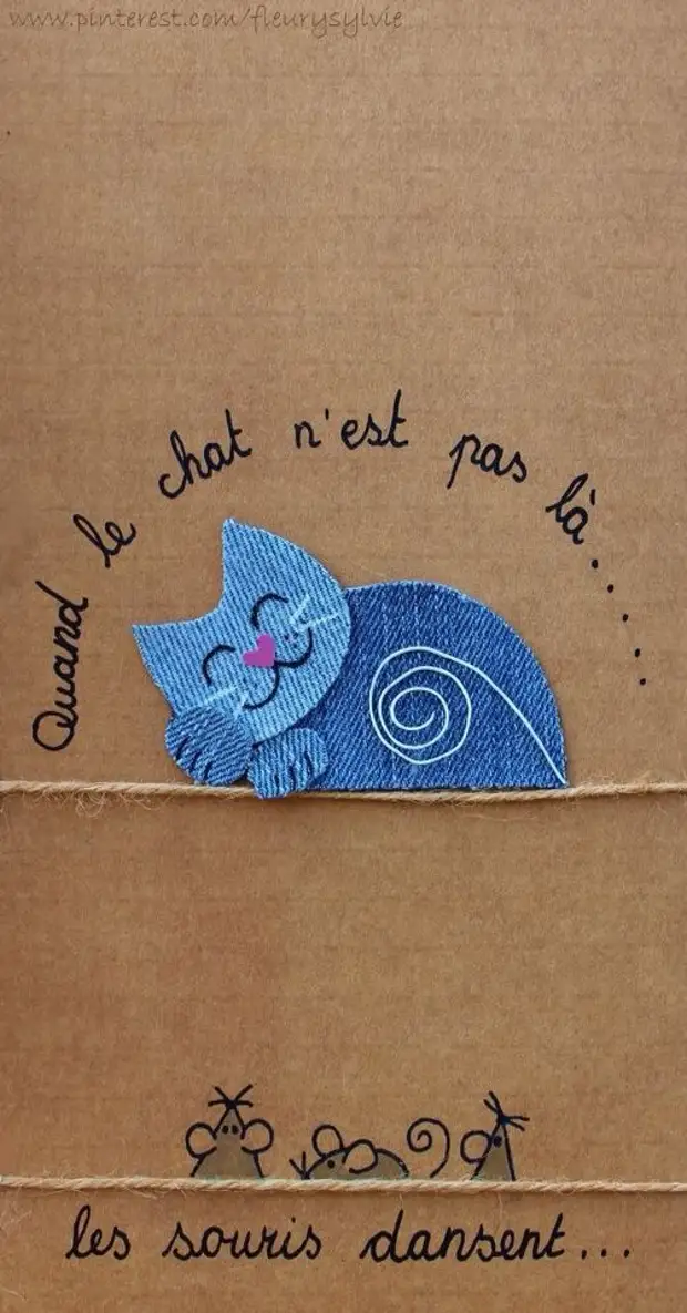 Quand le chat n'est pas là, les souris dansent... #jeans #recyclage http://pinterest.com/fleurysylvie/mes-cre… | Karten handgemacht, Katzen quilt, Karten basteln
